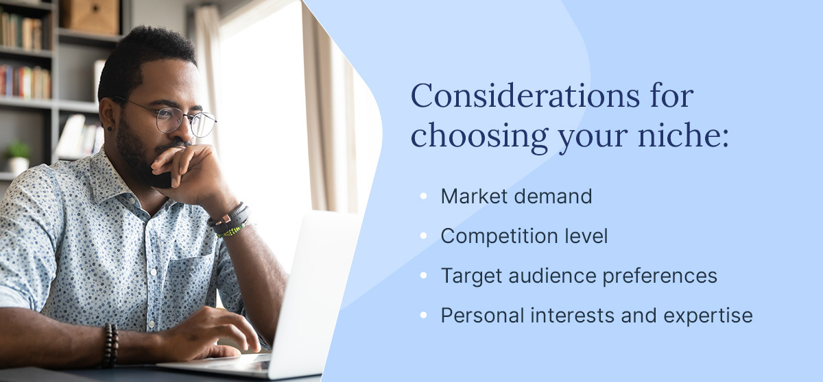 Graphic showing what to consider when choosing your niche for your e-commerce business.